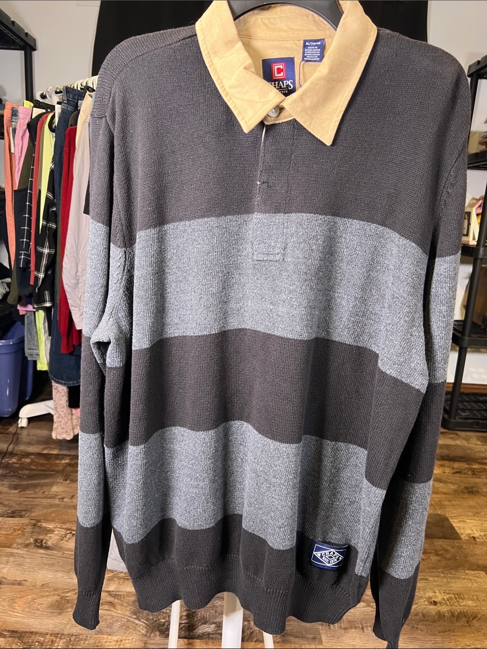 Chaps Men’s Black & Gray Striped Rugby Shirt with Tan Collar